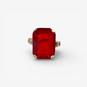 Art Deco Czech Gypsy Red Glass Gold Tone Emerald Cut Statement Ring. Size 6